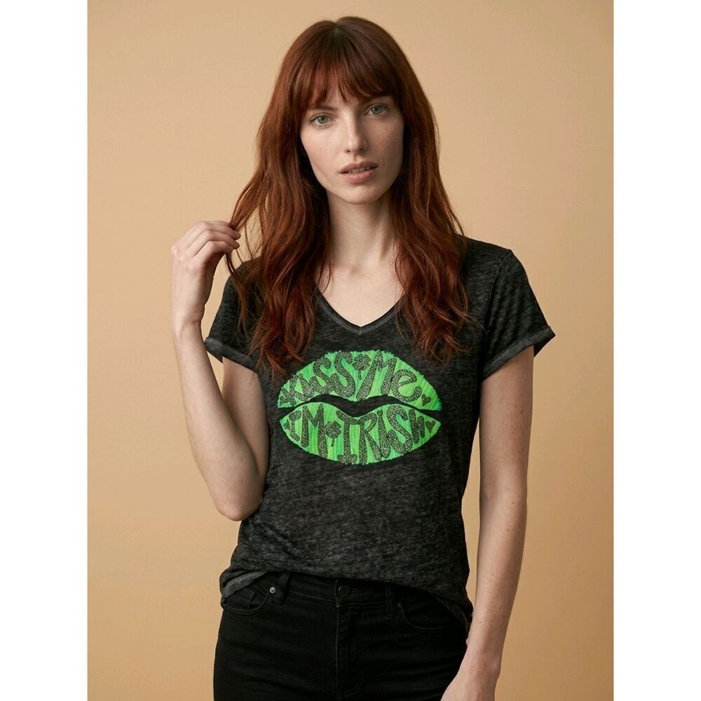 🔺Rocker Girl Black w/Green Glitter Lios Kiss Me I'm Irish Burnout Top XLarge